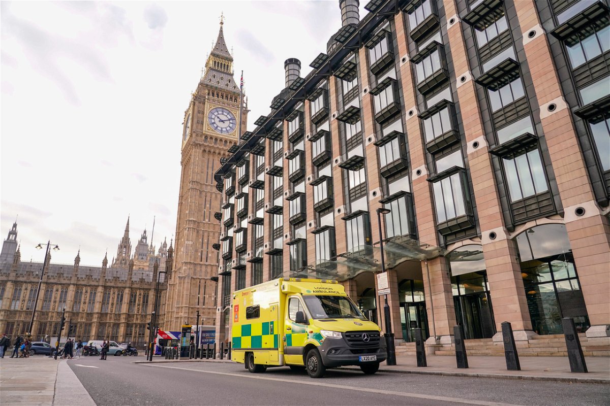 <i>Alberto Pezzali/AP</i><br/>An ambulance is parked outside Portcullis House in London