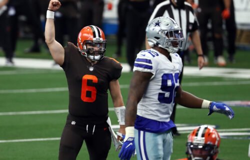 Mayfield celebrates a Cleveland Browns touchdown against the Dallas Cowboys in the second quarter on October 4