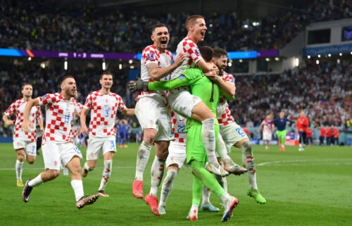 Croatia players celebrate after winning the penalty shoot out against Japan.
