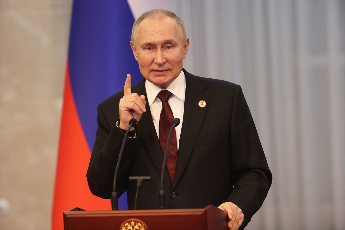<i>Contributor/Getty Images</i><br/>Russian President Vladimir Putin was speaking at a news conference in the Kyrgyzstan capital Bishkek.