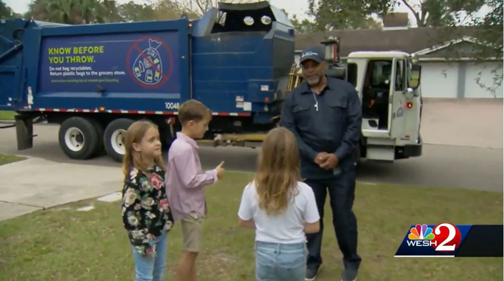 <i>WESH</i><br/>7-year-old triplets reunite with Orlando garbage collector who was their 'hero.'