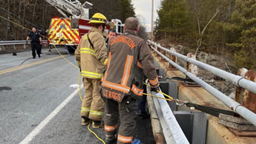 <i>Torrington Fire Department/WFSB</i><br/>The Torrington Fire Department responded a to a rescue operation for a woman that fell 25 feet from a bridge into a river.