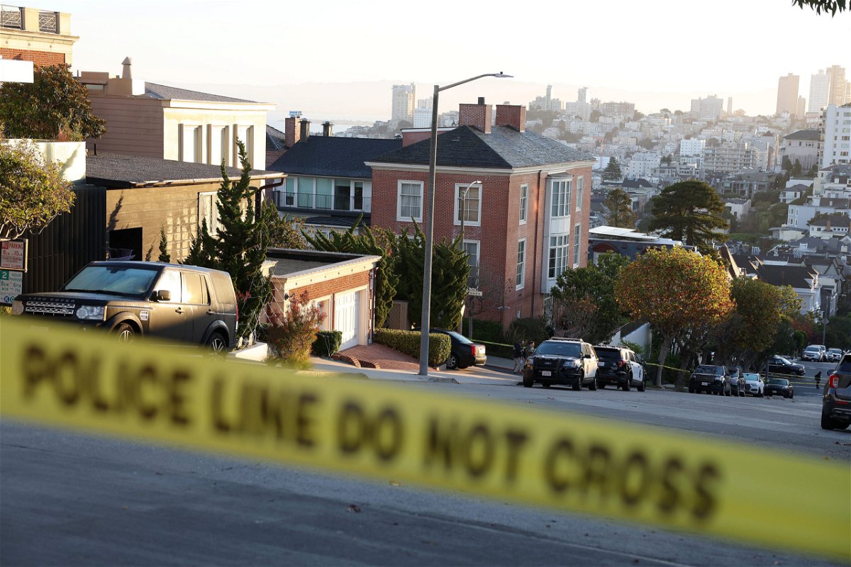 <i>Justin Sullivan/Getty Images</i><br/>Police tape is seen in front of the home of then-Speaker Nancy Pelosi in October 2022