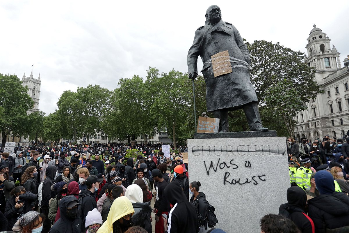 <i>Isabel Infantes/AFP/Getty Images</i><br/>A statue of former British Prime Minister Winston Churchill is seen defaced in Parliament Square