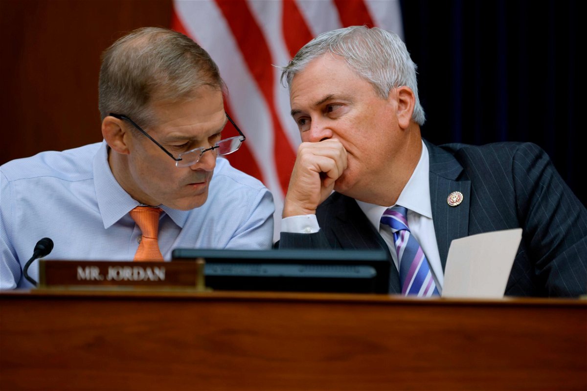 <i>Chip Somodevilla/Getty Images</i><br/>Reps. Jim Jordan of Ohio (left) and James Comer of Kentucky talk during a hearing on Capitol Hill in June of 2022.