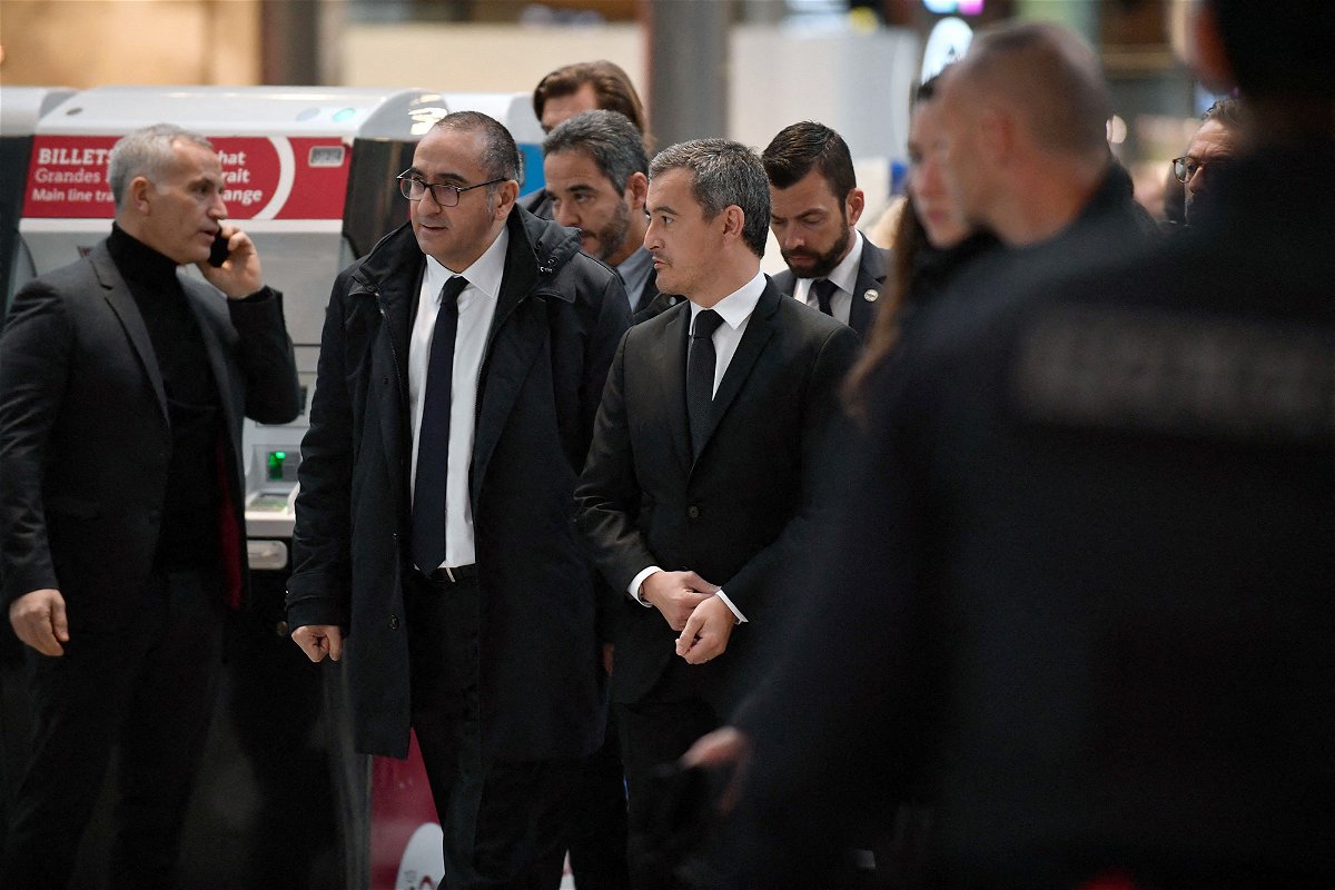 <i>Julien de Rosa/AFP/Getty Images</i><br/>French Interior Minister Gerald Darmanin (third left) and Paris Police Prefect Laurent Nunez (second left) arrive at Gare du Nord