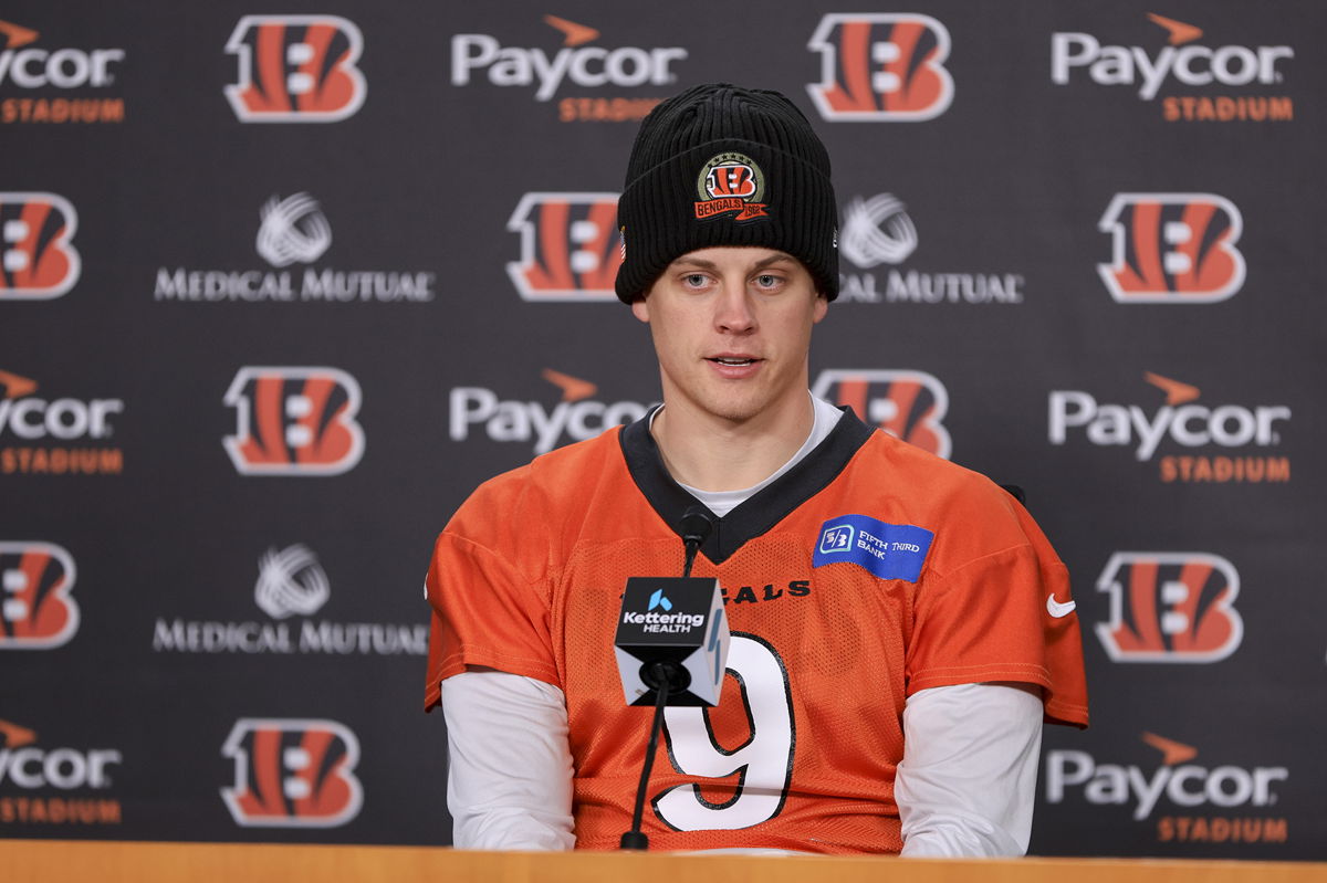 <i>Aaron Doster/AP</i><br/>Bengals quarterback Burrow speaks with the media on Wednesday.