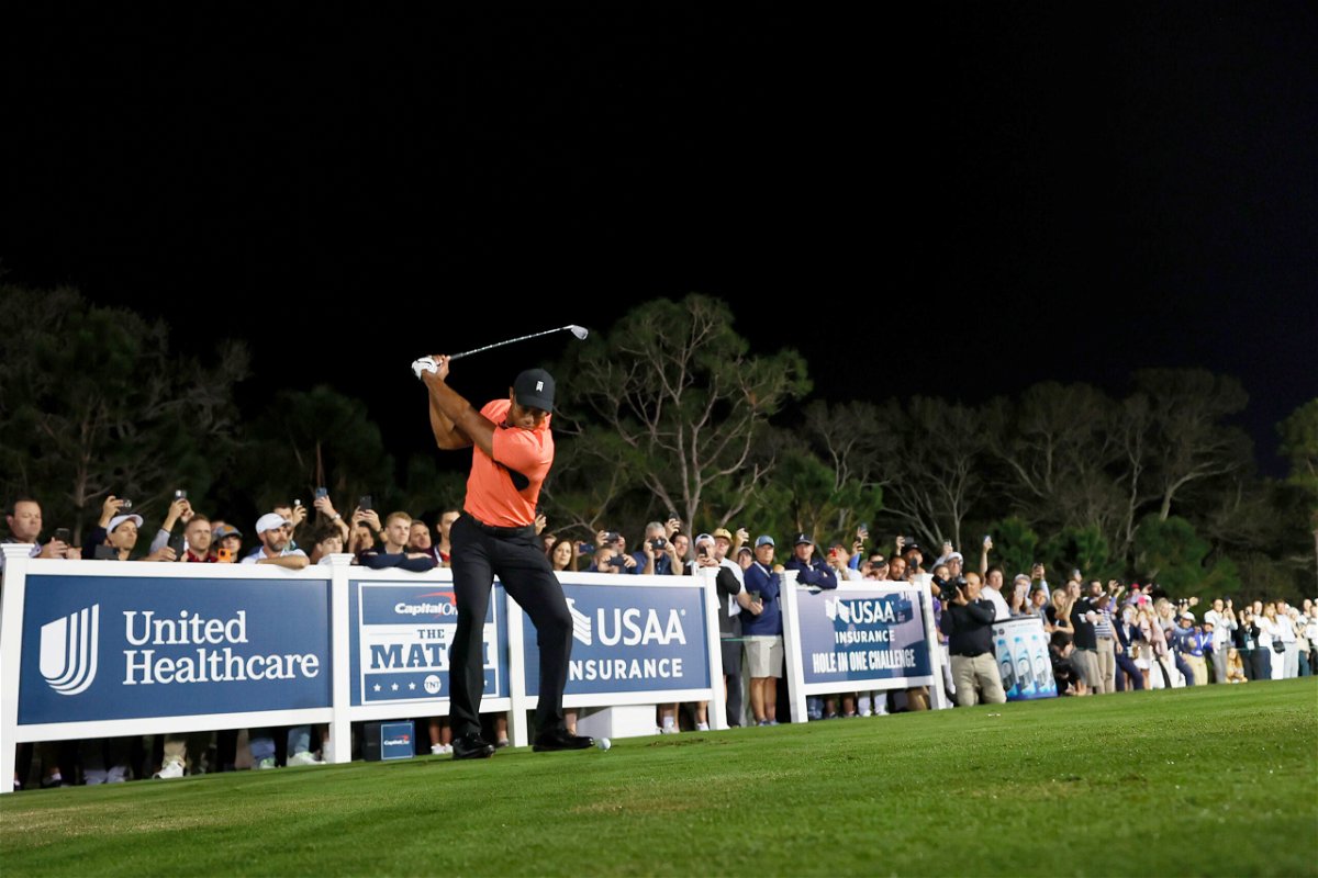 <i>Mike Ehrmann/Getty Images for The Match</i><br/>Tiger Woods plays his shot from the fifth tee during The Match 7 at Pelican Golf Club on December 10