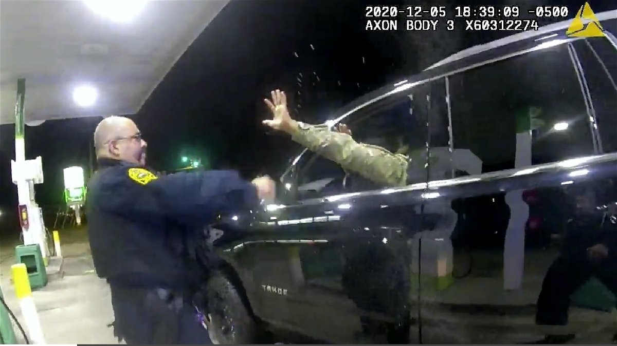 <i>Windsor Police/AP</i><br/>Caron Nazario is seen in this still image from body camera footage holding his hands up during the traffic stop in Windsor