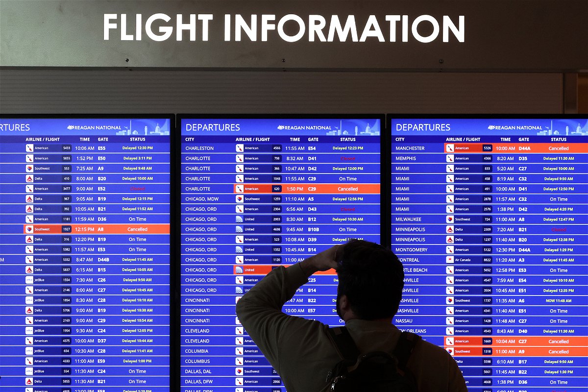 <i>Alex Wong/Getty Images</i><br/>A traveler looks at a flight information board at Ronald Reagan Washington National Airport on January 11 in Arlington