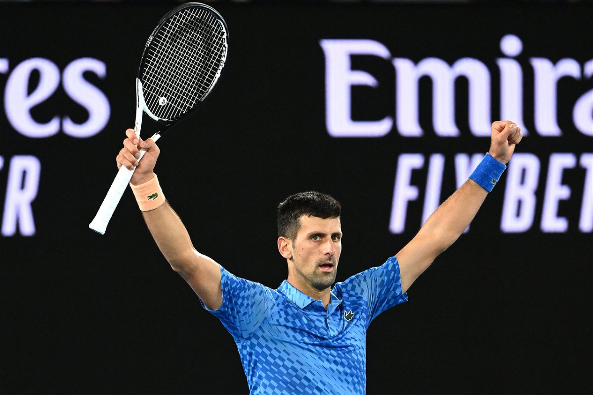 <i>Quinn Rooney/Getty Images AsiaPac/Getty Images</i><br/>Novak Djokovic of Serbia celebrates winning his third round singles match against Grigor Dimitrov of Bulgaria during day six of the 2023 Australian Open at Melbourne Park on January 21