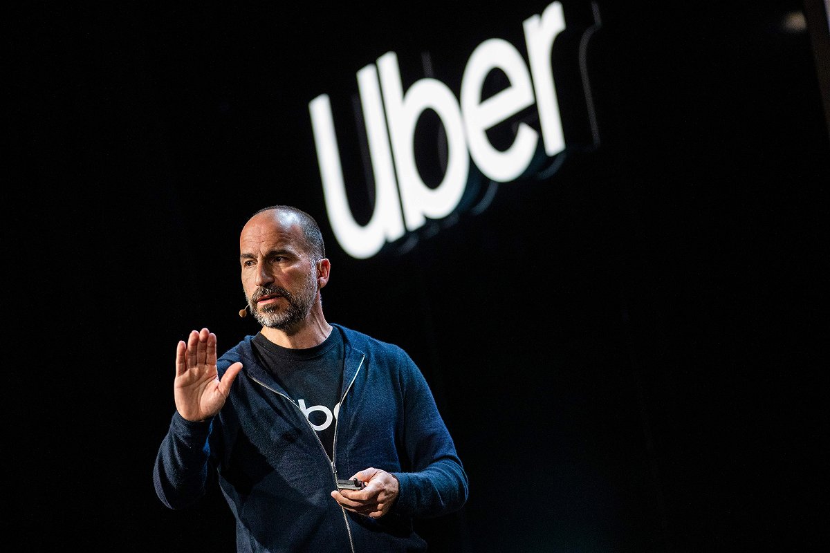<i>Philip Pacheco/AFP/Getty Images</i><br/>Uber CEO Dara Khosrowshahi addresses the audience during the keynote at the start of an Uber products launch in San Francisco in September of 2019.