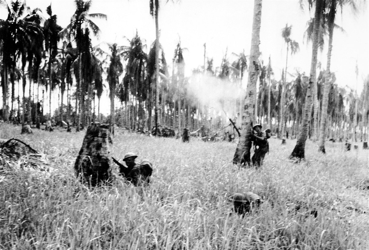 <i>AP</i><br/>Australian forces advance through a coconut grove and kunai grass in Japanese-occupied New Guinea in February 1943 during World War II.