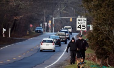 Members of a state police K-9 unit search along a highway in Cohasset