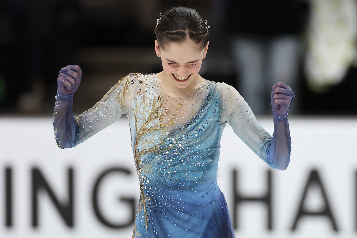 <i>Ezra Shaw/Getty Images</i><br/>Isabeau Levito reacts following her skate during the Championship Women's Free Skate on Friday in San Jose