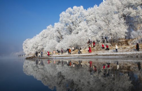 Economic activity in China has expanded for the first time in four months as disruptions caused by the abrupt end of its zero-Covid policy appears to be fading and tourists enjoy rime-covered trees along the Songhua River on January 30
