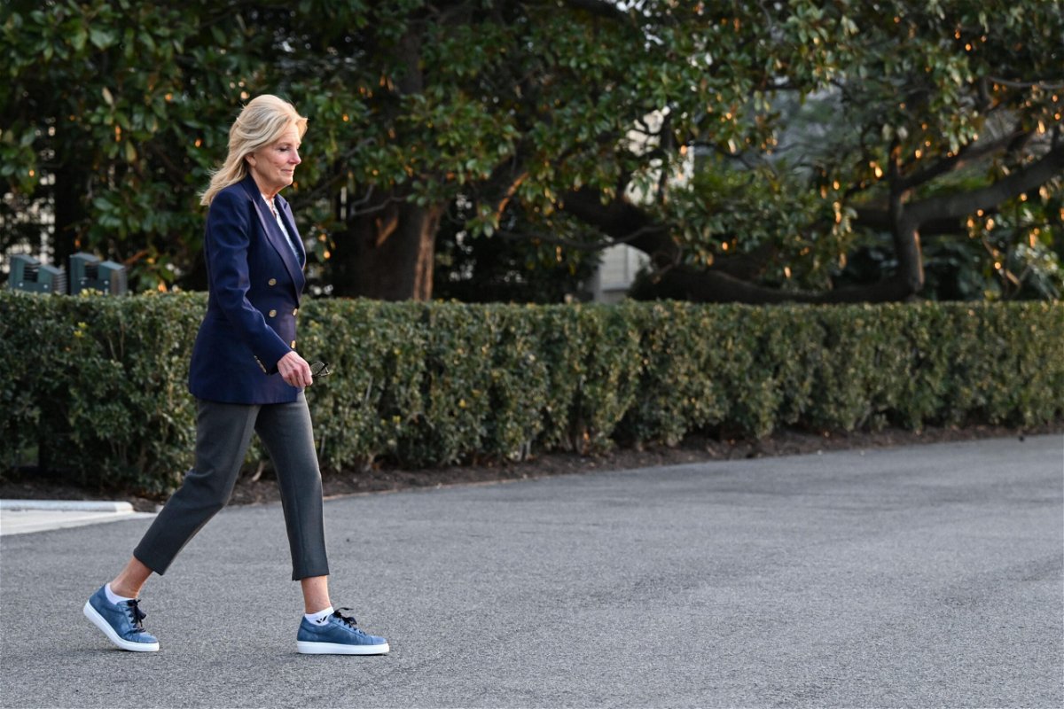 <i>Andrew Caballero-Reynolds/AFP/Getty Images</i><br/>First Lady Jill Biden walks to board Marine One before departing for Walter Reed hospital on the South Lawn of the White House in Washington