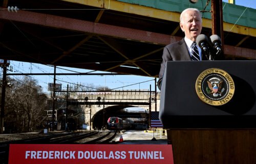 US President Joe Biden delivers remarks on how the Bipartisan Infrastructure Law will provide funding to replace the 150-year-old Baltimore and Potomac Tunnel
