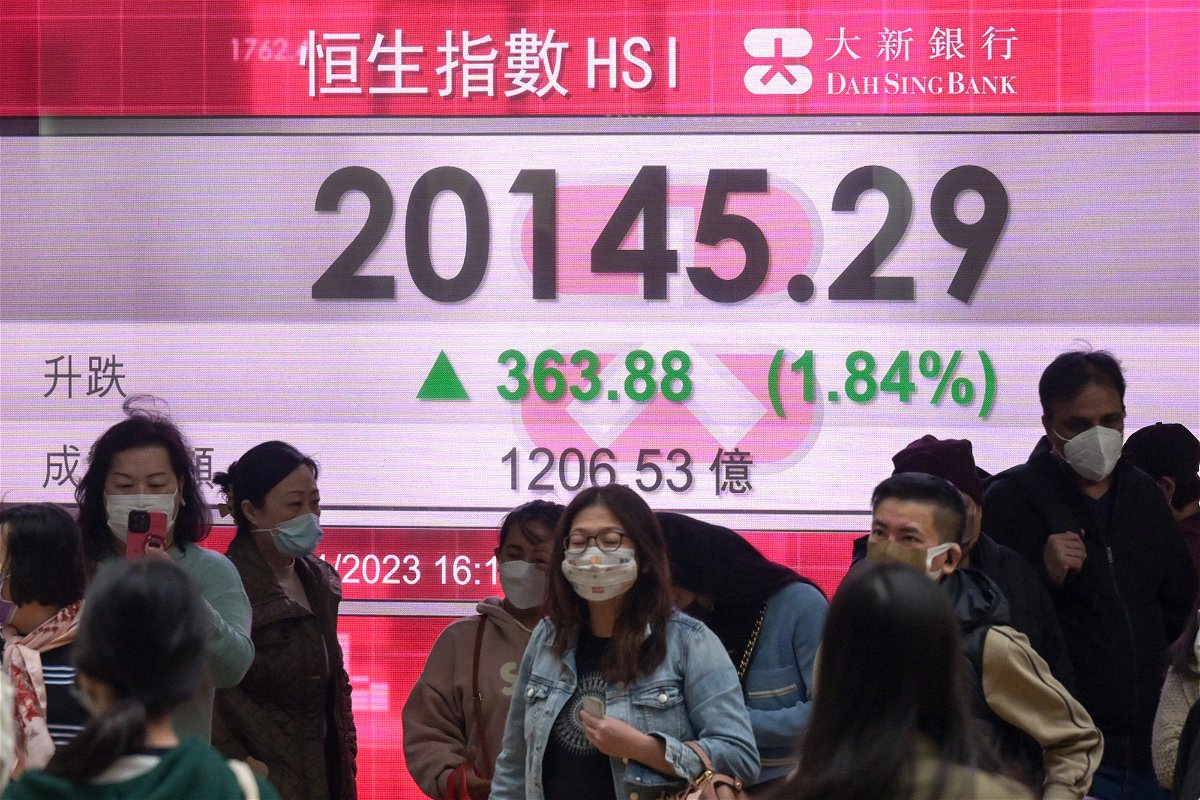 <i>Chen Yongnuo/China News Service/VCG/Getty Images</i><br/>Stocks in Asia are starting 2023 in a bull market. Pedestrians here walk by an electronic screen displaying the numbers for the Hang Seng Index on January 3