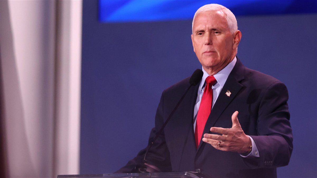 <i>Scott Olson/Getty Images</i><br/>Former Vice President Mike Pence speaks to guests at the Republican Jewish Coalition Annual Leadership Meeting in Las Vegas in November of 2022.