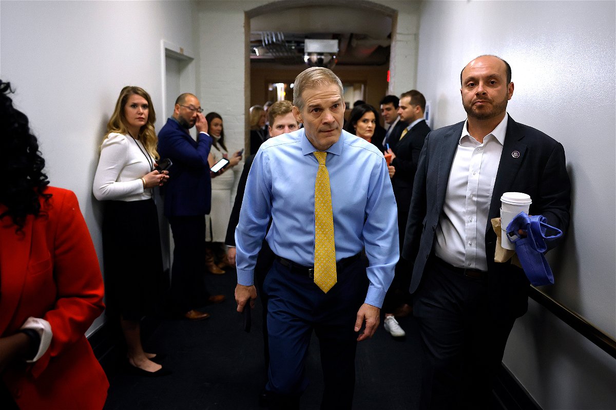 <i>Chip Somodevilla/Getty Images</i><br/>Republican Rep. Jim Jordan (center) of Ohio heads to a GOP conference meeting before the start of the 118th Congress in the basement of the US Capitol Building on January 3 in Washington