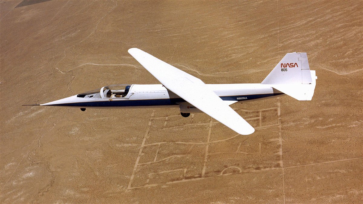 <i>NASA</i><br/>The AD-1 oblique wing research aircraft was photographed during a wing sweep test flight. The aircraft was flown 79 times during the research program conducted at NASA Dryden between 1979 and 1982.