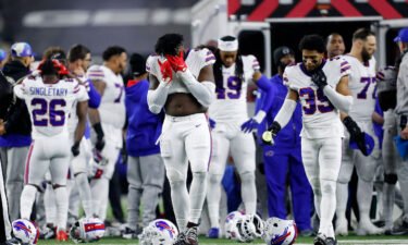 Buffalo Bills defensive end Shaq Lawson (90) reacts to the injury of safety Damar Hamlin (not pictured) during the first quarter against the Cincinnati Bengals at Paycor Stadium.