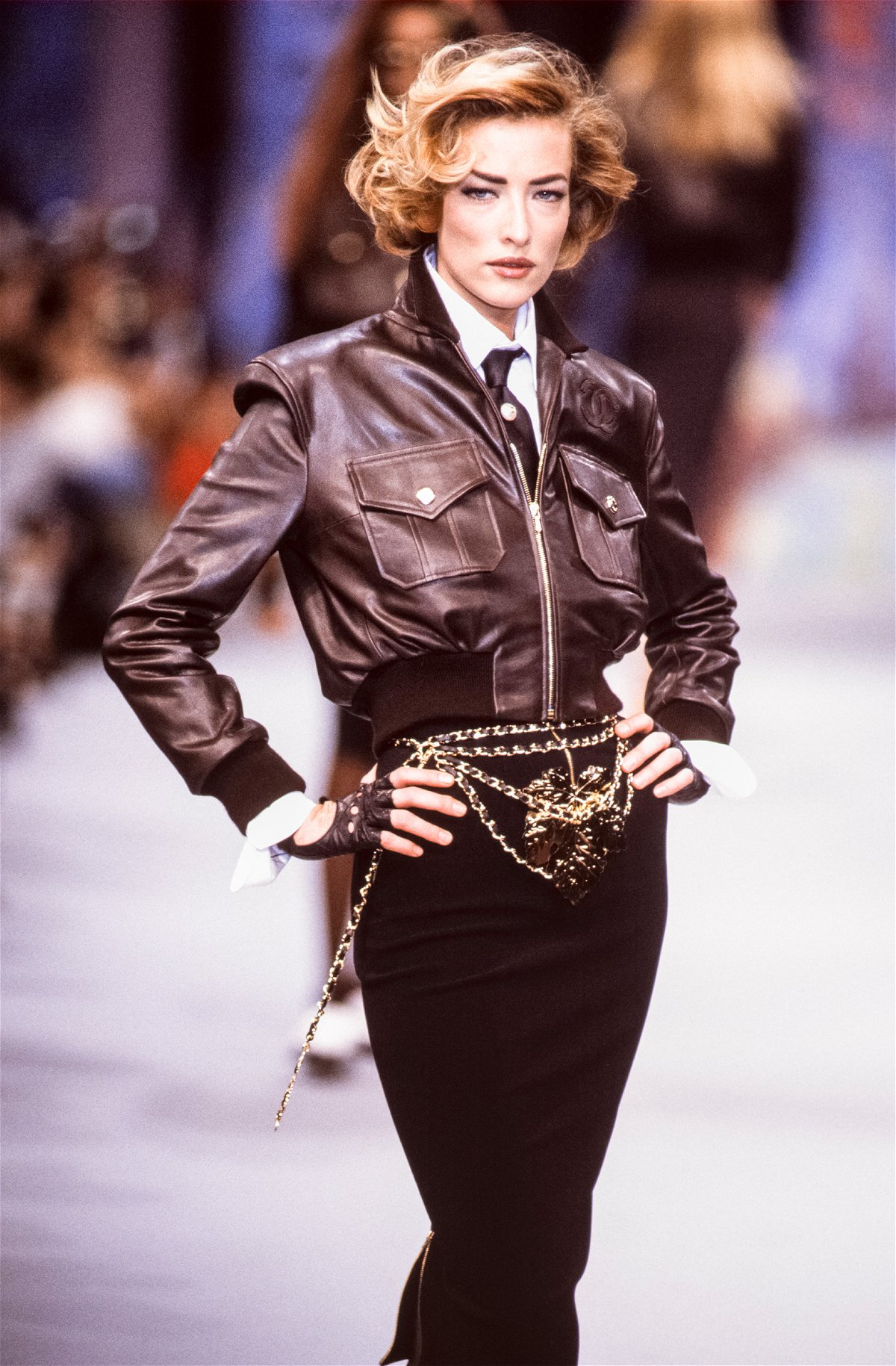 <i>Victor Virgile/Gamma-Rapho/Getty Images</i><br/>Tatjana Patitz walks the runway at the Chanel Ready to Wear Spring/Summer 1991-1992 fashion show during Paris Fashion Week in 1991.