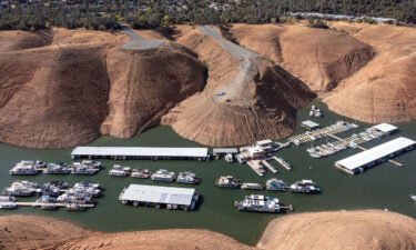 Houseboats on Lake Oroville amid low levels in October 2021.