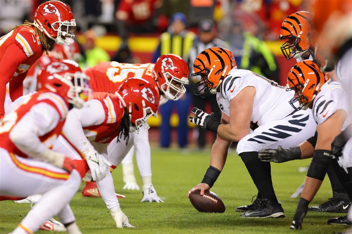 <i>Kevin C. Cox/Getty Images</i><br/>A general view at the line of scrimmage is pictured here between the Kansas City Chiefs and Cincinnati Bengals in the AFC Championship Game at GEHA Field at Arrowhead Stadium on January 29 in Kansas City