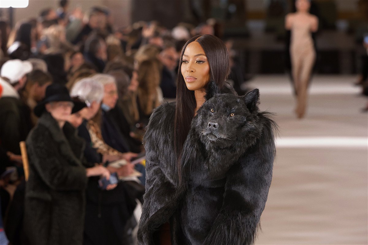 <i>Courtesy Schiaparelli</i><br/>Naomi Campbell wore a glossy black coat complete with the protruding wolf's head.