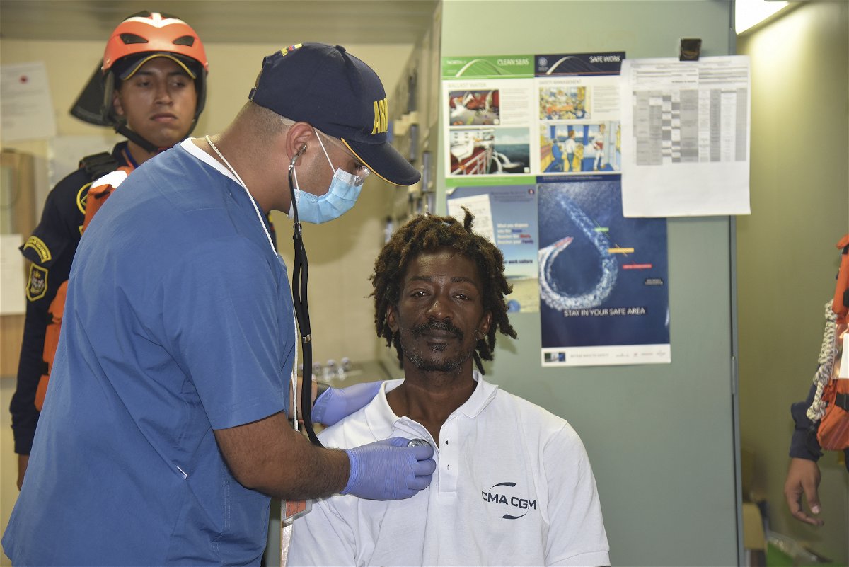 <i>Colombian Navy Press Office/AP</i><br/>Elvis Francois receives a medical checkup after being rescued in Cartagena