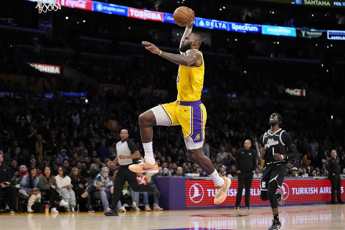 <i>Mark J. Terrill/AP</i><br/>LeBron James dunks against the Los Angeles Clippers on Tuesday.