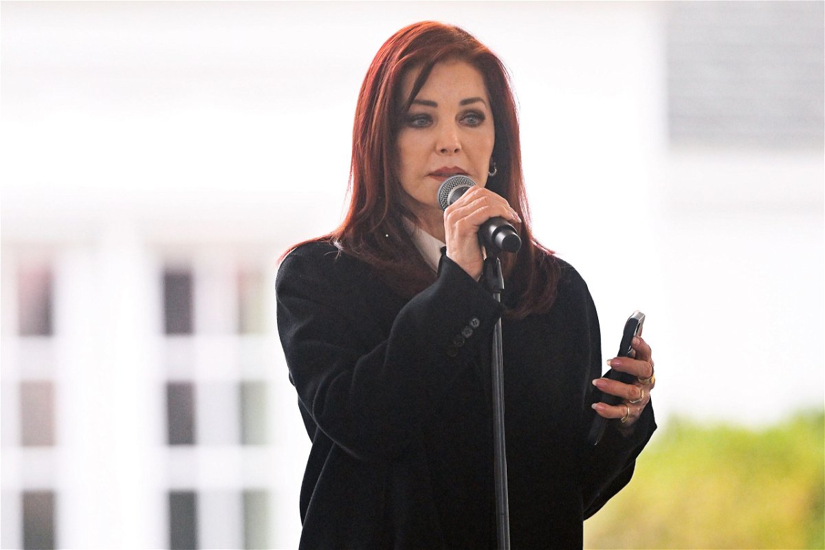 <i>John Amis/AP</i><br/>Priscilla Presley read a poem written by her granddaughter during a memorial service for her daughter Lisa Marie Presley at Graceland on Sunday.