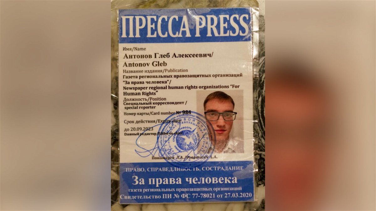 <i>Darren Bull/CNN</i><br/>A fake press pass created under a false name by an NGO that helped Andrei Medvedev escape Russia is pictured here. The card was to serve as a cover should police ask for his identification in Russia.