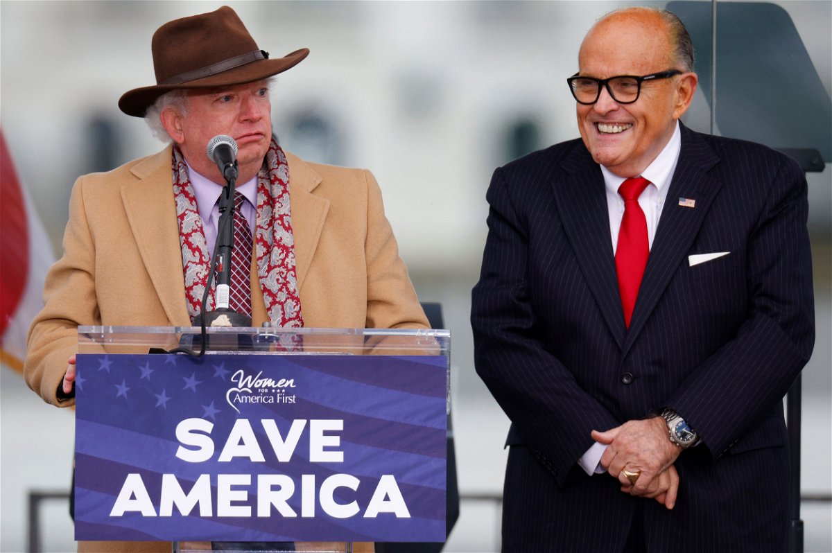 <i>Jim Bourg/Reuters/FILE</i><br/>John Eastman (left) stands next to Rudy Giuliani as Trump supporters gather at the U.S. Capitol ahead of the former president's speech to contest the certification by Congress of the results of the 2020 election on January 6