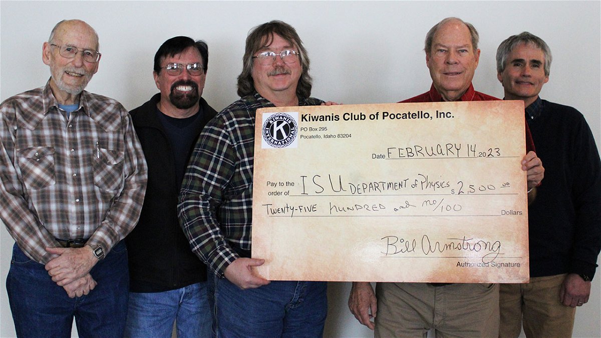 Roger Harrer, Kiwanis member, Don Wyckoff, president of Kiwanis Club of Pocatello, Steve Shropshire, professor of physics at Idaho State University, Bill Armstrong, treasurer of Kiwanis Club of Pocatello, and Rene Rodriguez, associate dean of ISU’s College of Science and Engineering,  pose for a photo at Tuesday’s Kiwanis Club of Pocatello meeting.