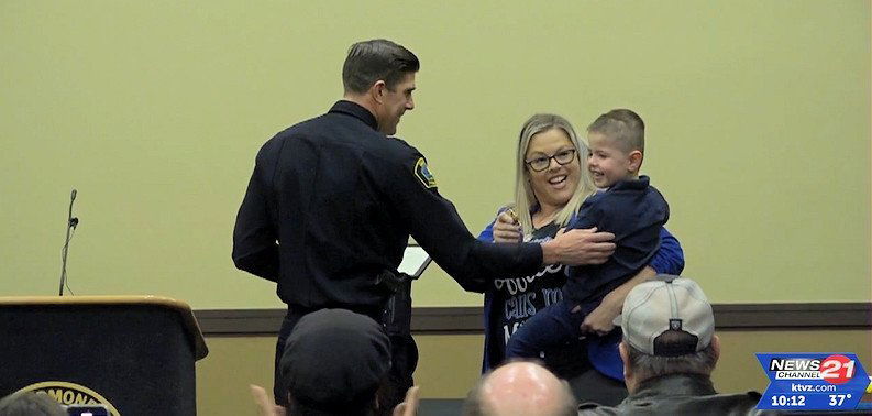 <i>KTVZ</i><br/>3-year-old Aaron Davenport is sworn in as an honorary officer with the Redmond Police department before his latest surgery to remove a brain tumor.