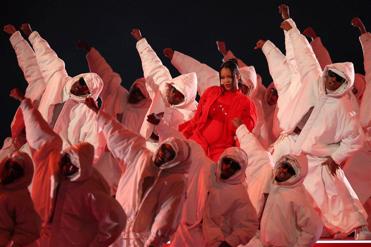 <i>Ezra Shaw/Getty Images</i><br/>Rihanna performs during the Super Bowl LVII halftime show.