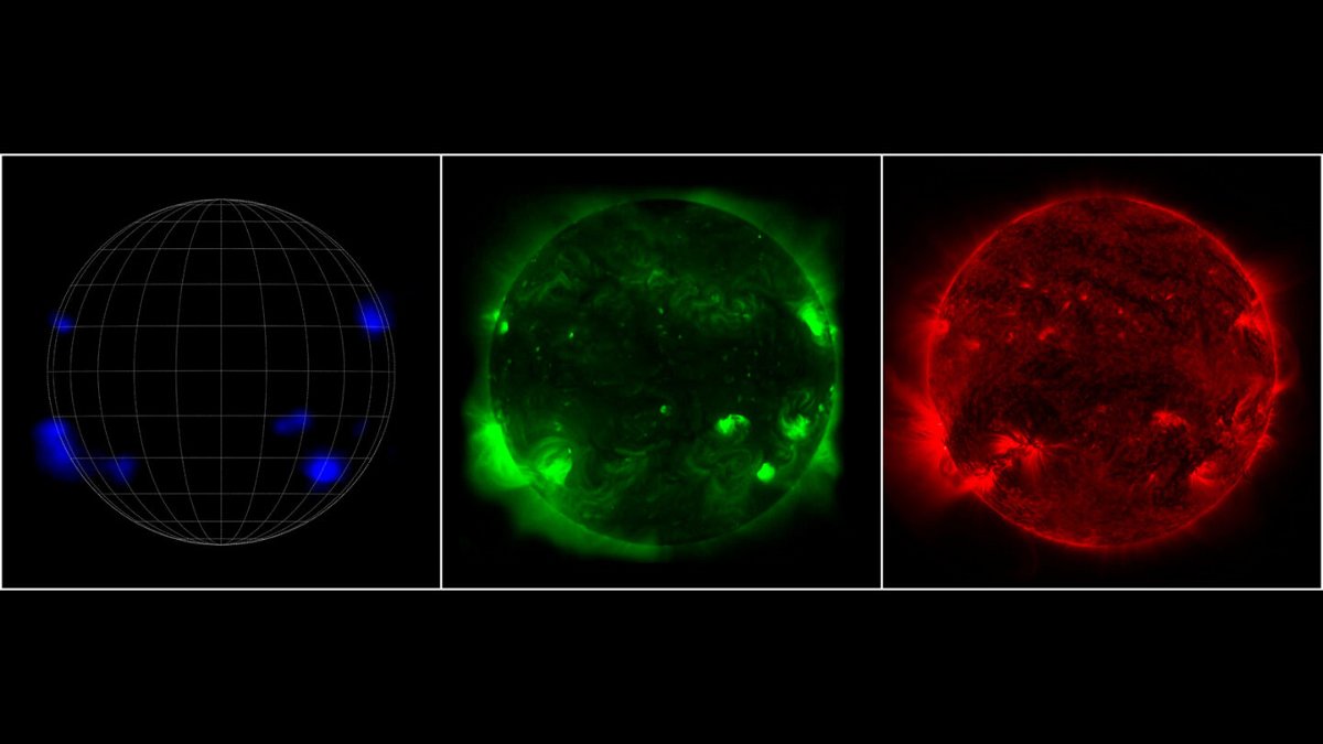 <i>JPL-Caltech/JAXA/NASA</i><br/>While NuSTAR sees high-energy X-rays from the sun in blue (left)