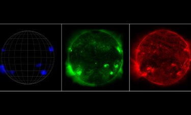 While NuSTAR sees high-energy X-rays from the sun in blue (left)