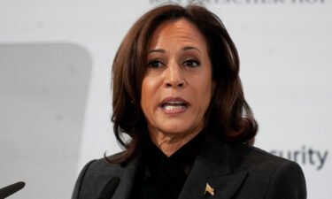 Vice President Kamala Harris speaks at the Munich Security Conference in Germany on February 18. Harris announced Saturday that the US has formally determined that Russia committed crimes against humanity in Ukraine.
