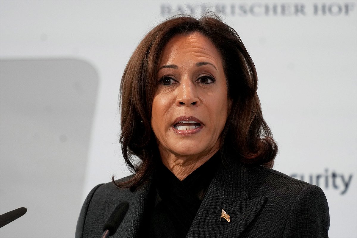 <i>Michael Probst/AP</i><br/>Vice President Kamala Harris speaks at the Munich Security Conference in Germany on February 18. Harris announced Saturday that the US has formally determined that Russia committed crimes against humanity in Ukraine.