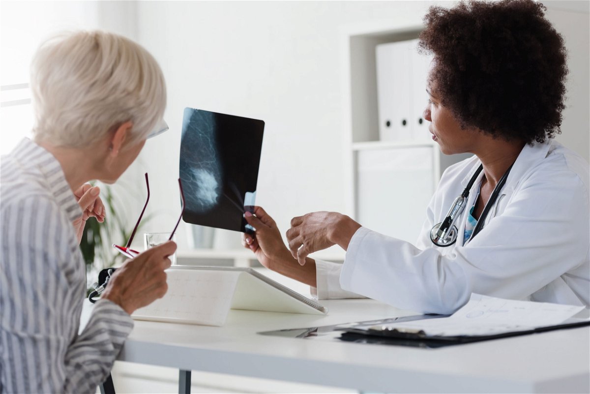 <i>Nemanja Mandic/Adobe Stock</i><br/>A physician talks with her patient while looking at her mammogram breast cancer screening. Screening rates declined during the Covid-19 pandemic.
