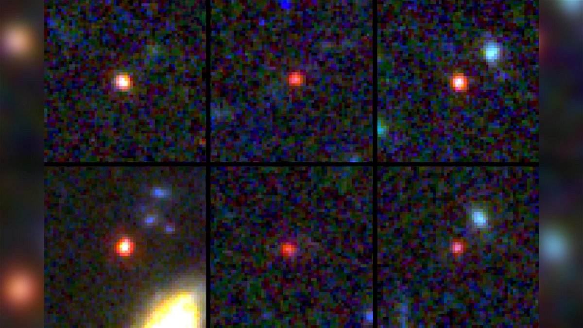 <i>NASA/ESA/CSA/I. Labbe</i><br/>Webb captured images of the six massive galaxies. One of them (bottom left) could contain as many stars as our Milky Way galaxy