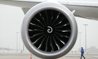 The engine of a Boeing 787-9 Dreamliner is seen as the aircraft sits on the tarmac at Charles de Gaulle Airport in Paris.
