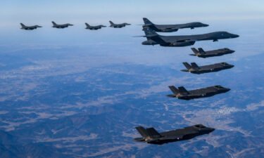 US Air Force B-1B bombers and F-35A and F-16 fighter jets from South Korea and US take part in a joint air drill on February 19.