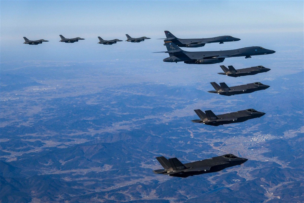 <i>South Korea's Ministry of National Defense</i><br/>US Air Force B-1B bombers and F-35A and F-16 fighter jets from South Korea and US take part in a joint air drill on February 19.