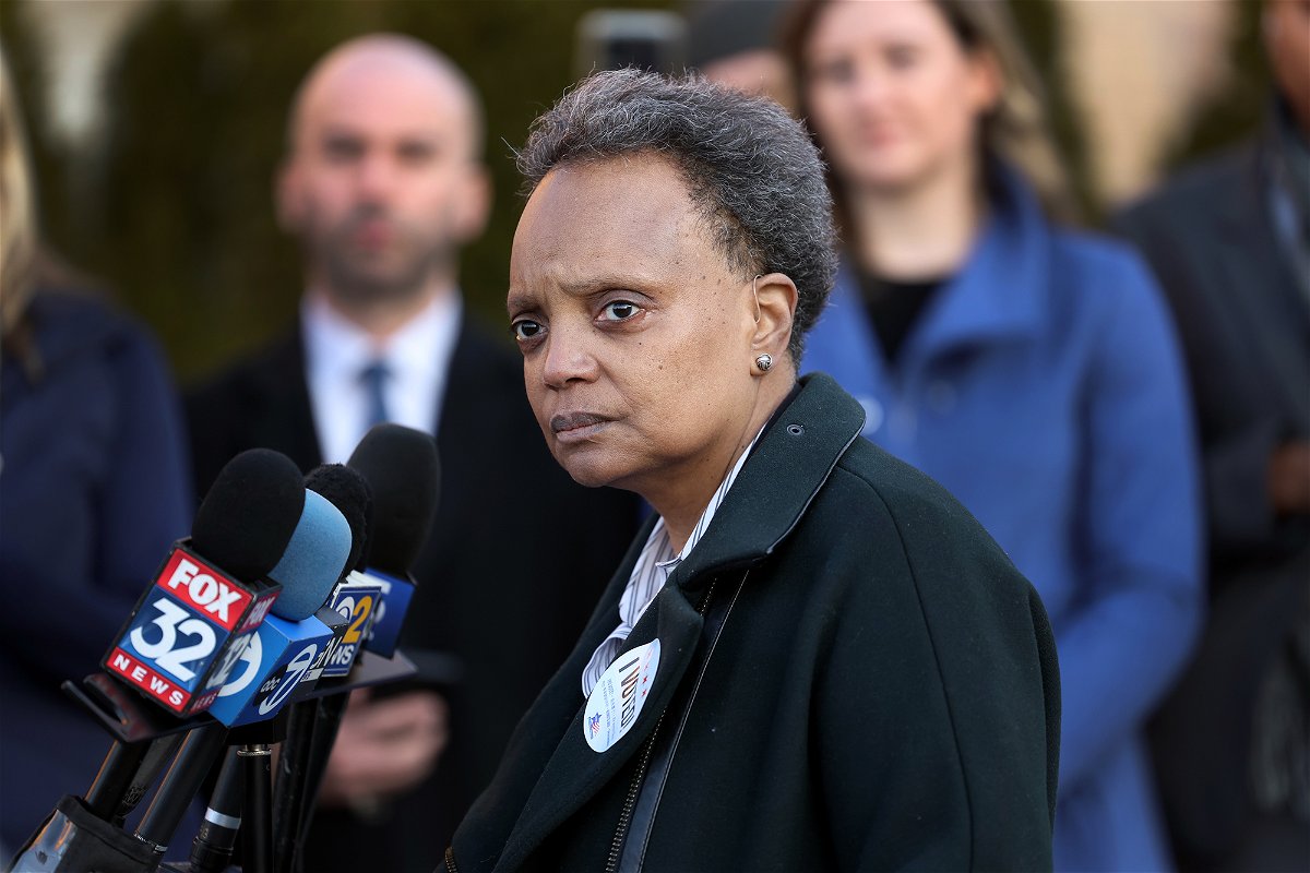 <i>Scott Olson/Getty Images</i><br/>Lori Lightfoot speaks with the press after casting her ballot at an early voting location on February 20. The Chicago mayor is seeking a second term.
