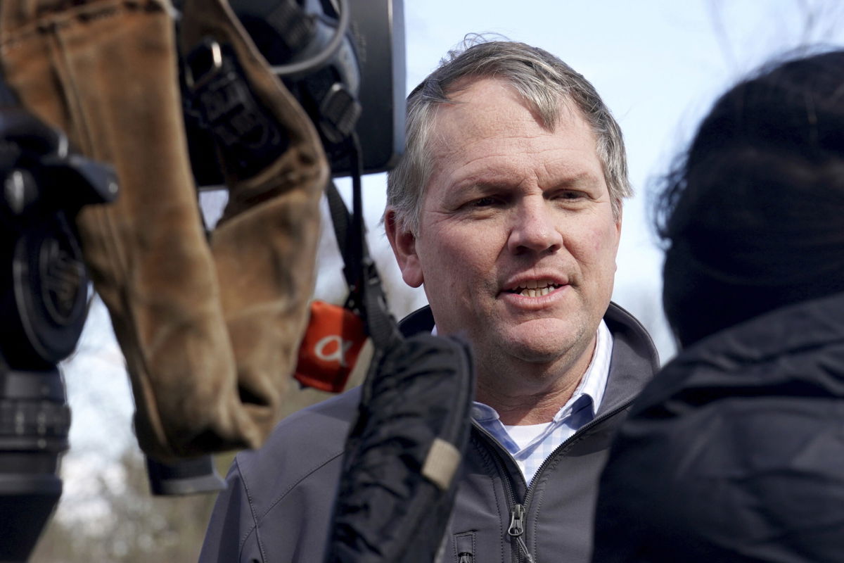 <i>Matt Freed/AP</i><br/>Norfolk Southern President and CEO Alan Shaw speaks to reporters on February 21 near the site where a freight train derailed on February 3 in East Palestine